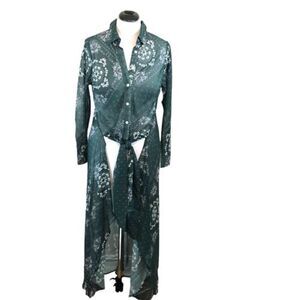 Soncy Women's SZ 12 Semi Sheer High‎ Low Duster Green White Bandana Print